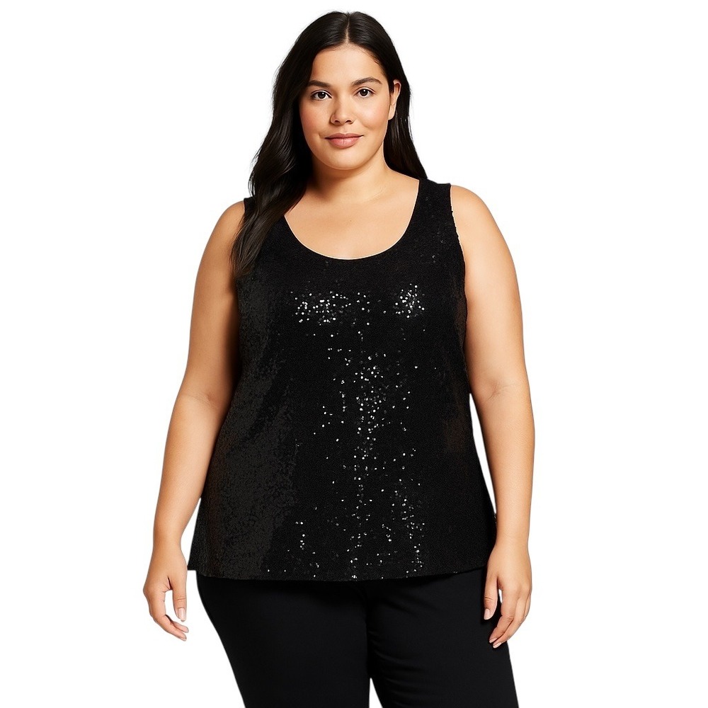Sequin Tank Top Plus Size 2X Sleeveless Party Sparkle Blouse Solid Black 638‎